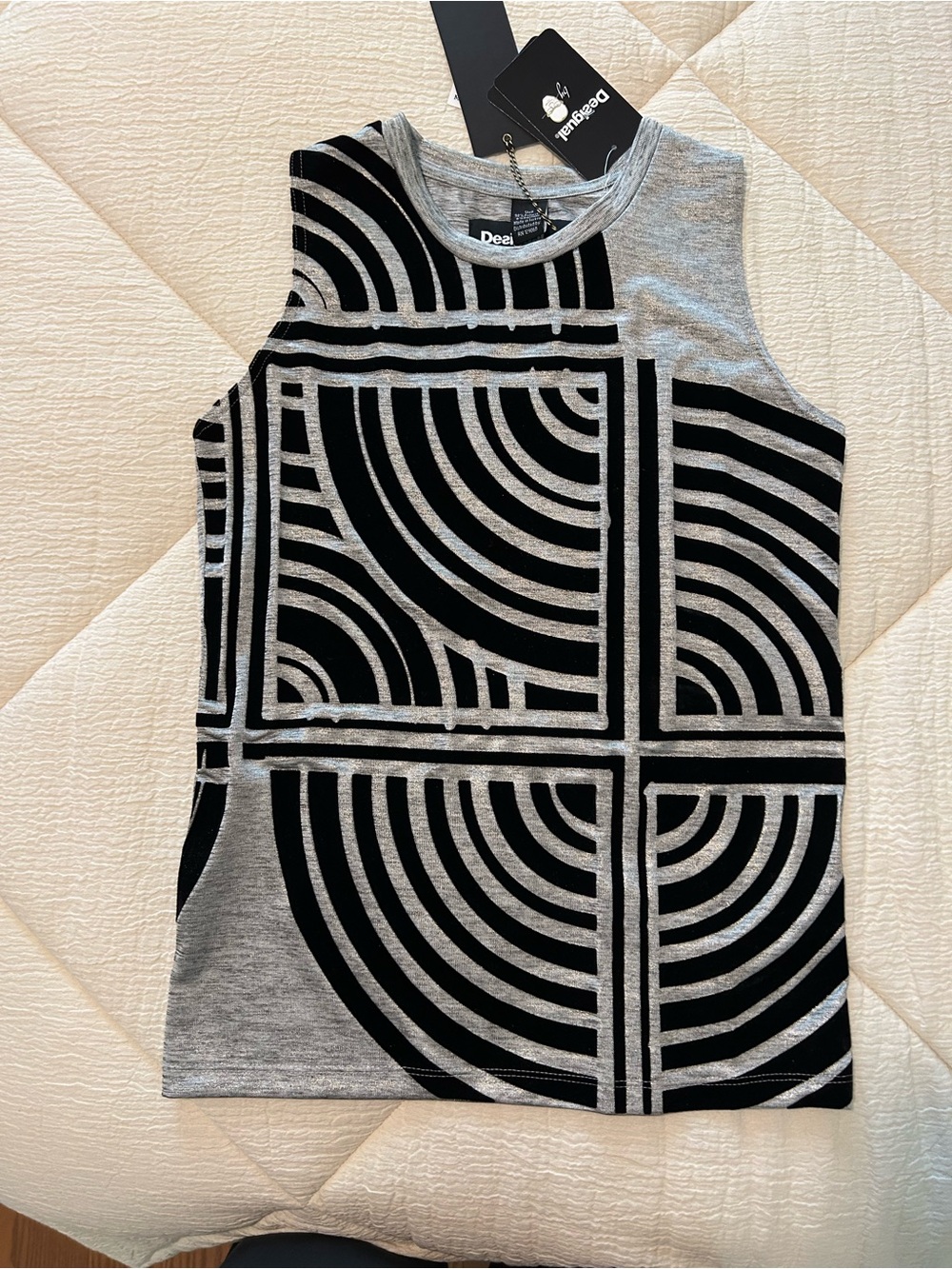 Desigual Gray & Black Geometric Velvet Crewneck Top